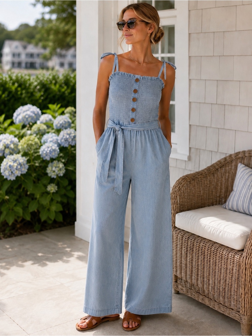 Harper Heritage Blue Chambray Wide Leg Jumpsuit Smocked Bodice Size M